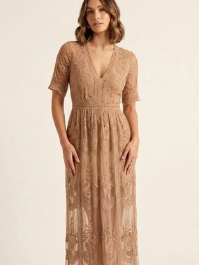 Honey Punch Tan Lace V-Neck Maxi Gown